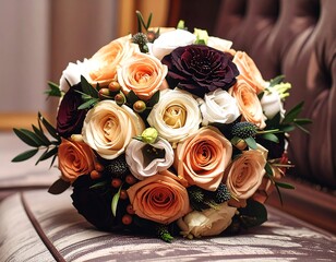A luxurious bridal bouquet of peach, cream, and burgundy roses