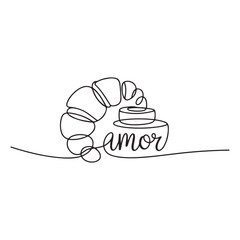 Single continuous line drawing of stylized sweet online croissant cake shop logo label. Emblem pastry store concept. with white background