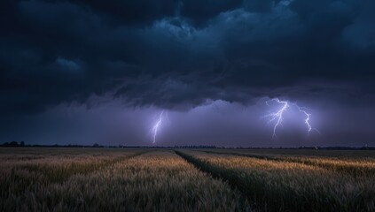 Dramatic lightning storm over a golden wheat field at night