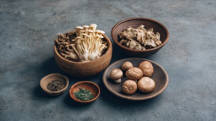 Fototapeta premium Assorted Mushrooms with Fresh Herbs in Rustic Bowls on Textured Surface for Culinary Inspiration and Healthy Cooking Ideas