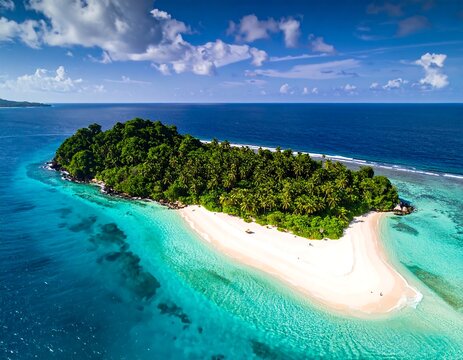 Tropical island paradise with pristine white sand beach and turquoise water