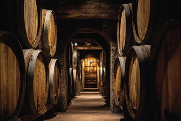 Aged wooden barrels line a cellar tunnel