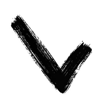 A stylized, dark-gray check mark.  The mark is textured with dark, rough brush strokes, and subtle, scattered sparkles of blue and purple