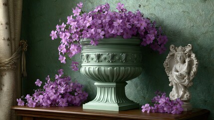 A decorative vase overflowing with vibrant purple flowers sits on a wooden table next to a white statue, against a textured green wall, ideal for home decor, floral arrangements, or design projects,