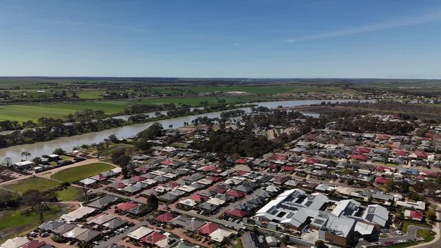 Murray Bridge City, South Australia: 4K Aerial Drone Footage of Murray River, Islands, Road Bridge, Railway Bridge, Low Density Houses with Solar Panels, Estates, Shops, Parks, Scenic River Landscape