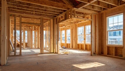 Interior of a house under construction, showing wooden framing, windows, and sunlight