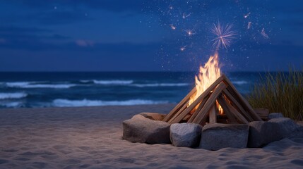 Festive Beach Bonfire Under Starry Sky Perfect for Holiday Gatherings and Activities