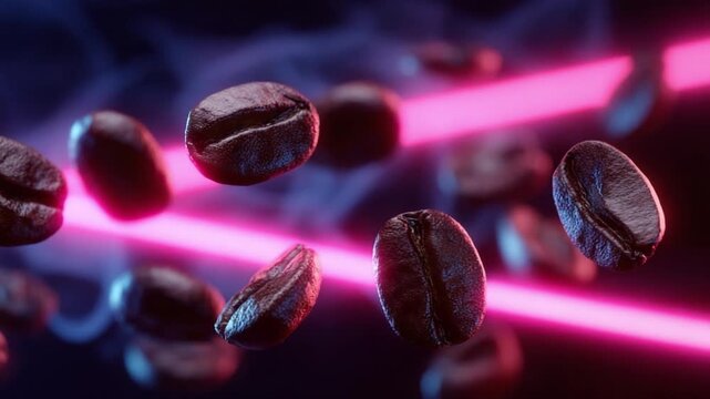 Coffee Bean in the spotlight: Captivating close-up of coffee beans amidst vibrant neon lights and a smoky atmosphere. Capturing the alluring essence of the invigorating beverage