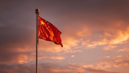 Chinese flag waving in sunset sky (1)