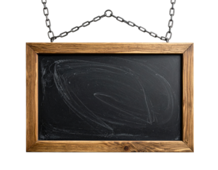 A rustic wooden framed chalkboard, suspended by metal chains