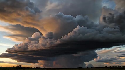 video recording of cumulonimbus formations amassing at the skyline foretelling approaching tempest accompanied by brilliant lightning bolts and deep thunderclaps demonstrating the force and grandeur