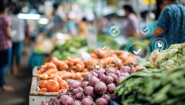 Fresh produce at a bustling market, overlaid with digital checkmarks