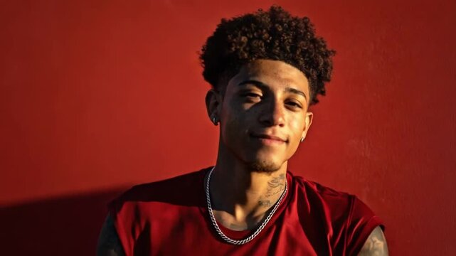 Young man with curly hair in a red sleeveless shirt leaning against a red wall with a blue sky behind.