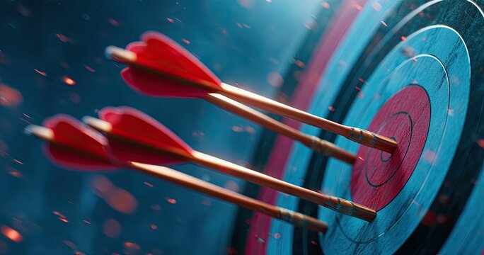 Three red arrows striking the bullseye of a circular target, set against a dark blue background with sparks