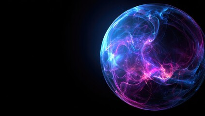 Glowing orb of swirling, ethereal energy, predominantly blue and pink, set against a stark black background.  The sphere appears luminous and translucent