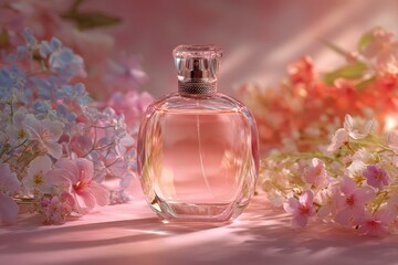 Perfume bottle surrounded by flowers