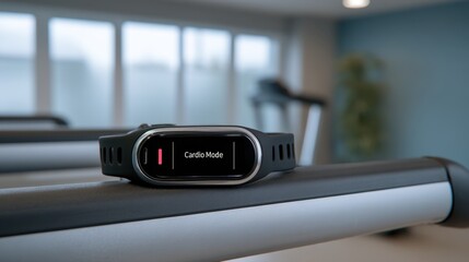 Fitness Tracker Displaying Cardio Mode on Treadmill Rail in Modern Gym Setting