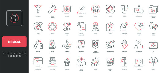 Medical diagnostic of patients symptoms in hospital, family doctor prescription, health card line icon set. Heart and liver, stomach checkup thin black and red outline symbols vector illustration