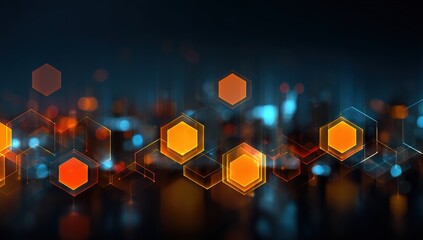 Abstract cityscape with glowing hexagons