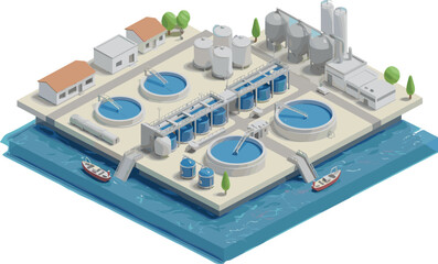 Isometric wastewater treatment plant on elevated platform with spiral clarifier tanks, clean infrastructure over water, modern environmental technology