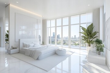 Modern bedroom with city view and natural light