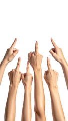 Close-up of multiple hands pointing fingers upwards against black background