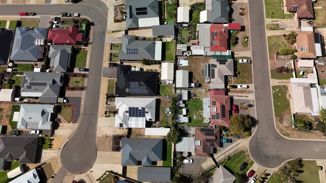 Murray Bridge City, South Australia: 4K Aerial Drone Footage of Low Density Houses with Solar Panels, Estates, Streets, Shops, Parks Along Murray River