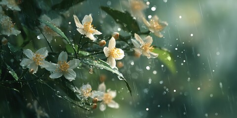 Delicate white flowers in a soft rain shower