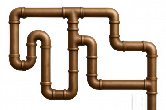 Intertwined copper pipes forming a complex and intriguing network against a transparent background, ideal for industrial or plumbing-related designs