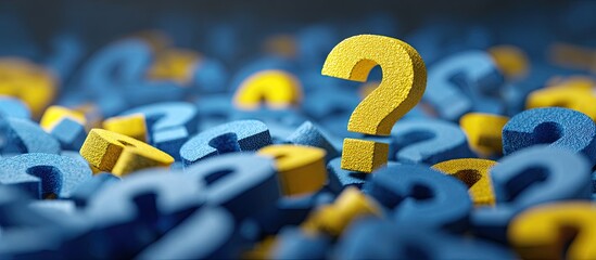 A single, prominent yellow question mark stands out amongst a multitude of smaller, blue and yellow question marks, creating a visual representation of uncertainty and the search for answers