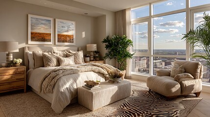 Cozy Modern Bedroom with Scenic City View and Natural Light
