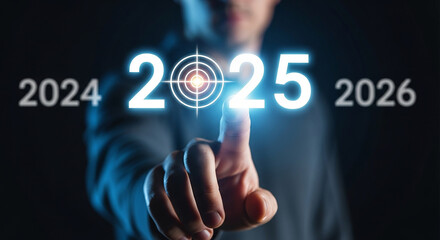 Naklejka premium A visionary leader charting the course for 2025 success aiming for the bullseye and innovation With glowing white text