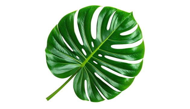 Vibrant, deep green monstera leaf, isolated on black