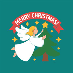 Angel Placing Star on Christmas Tree with Merry Christmas Banner decorating