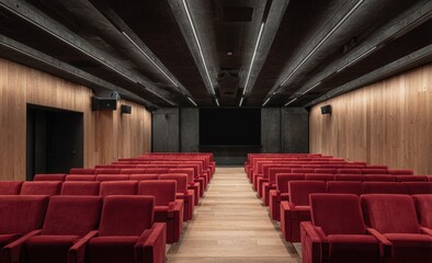 Modern cinema interior, rows of red seats