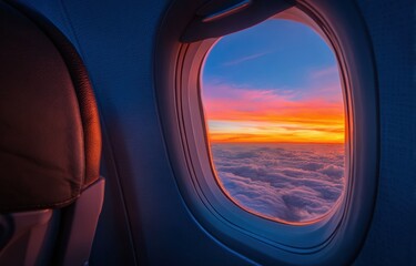 Airplane window view of a vibrant sunrise over clouds