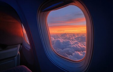 Airplane window view of a vibrant sunrise over clouds (1)