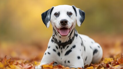 Happy Dalmatian Dog with Spotted Coat Sitting Among Colorful Autumn Leaves in a Beautiful Outdoor Setting