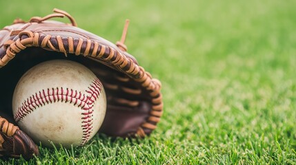 A close-up of a baseball nestled in a brown leather glove on lush green grass, this image is perfect for sports-themed promotions, blogs, or articles focusing on baseball or outdoor activities,