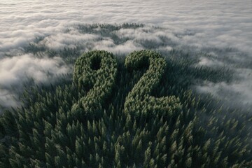 Forest numbers 92 in a foggy landscape