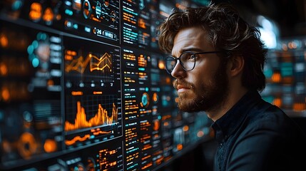 A man with glasses intently studies complex data on a wall of digital screens