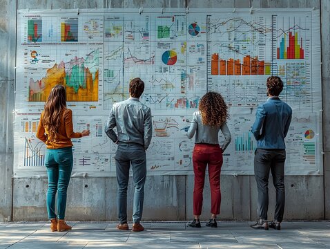 A diverse team of professionals collaborates while analyzing complex data charts and graphs on a large wall display - Powered by Adobe