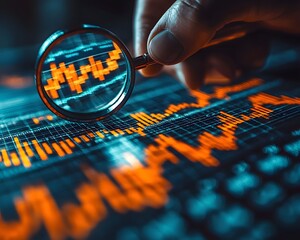 Hand holding magnifying glass over glowing financial data chart focusing on trends and analysis