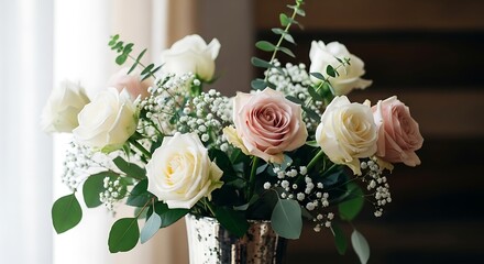 Obraz premium Elegant arrangement of pale roses and baby's breath for special moments