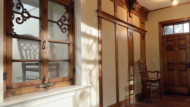 Shadow cast on magnolia wall of chair and window frame Shadow cast on magnolia interior wall of the profile of chair and Victorian / sash window frame. Belfast