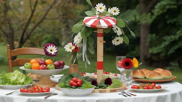 Festive Centerpiece Adorned with Floral Arrangements and Seasonal Cuisine for Midsummer Celebration Gathering