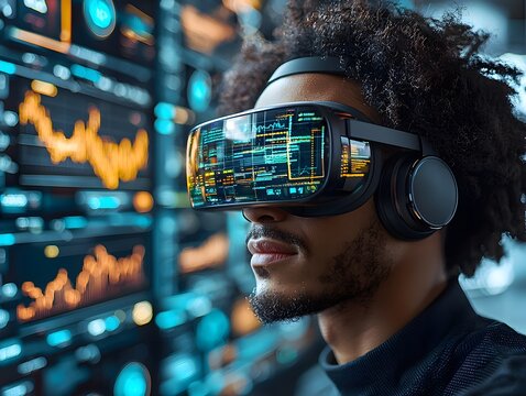 Man wearing augmented reality glasses analyzes futuristic digital data market trends and financial charts