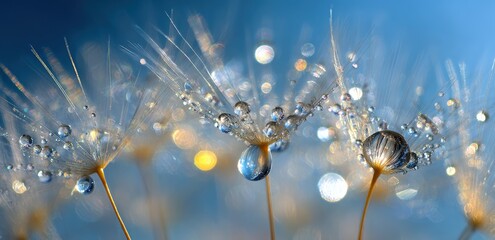 Delicate dandelion seeds, glistening with morning dew, against a soft blue backdrop