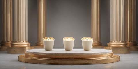 Three Latte Art Cups on a Gold Plinth Between Columns