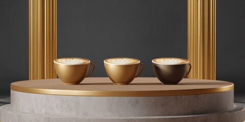 Three golden and brown coffee cups on a round beige pedestal, with elegant gold pillars
